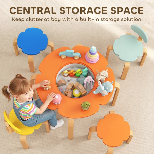 Alt view image 5 of 7 - Kids Table and Chairs Set, 5 Piece Wooden Toddler Table and Chair Set with Built in Storage Flower Shape Activity
