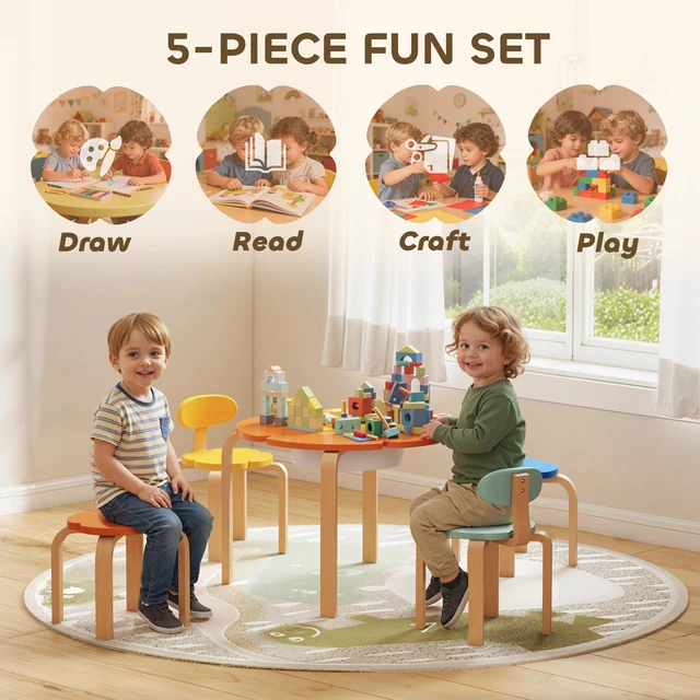 Alt view image 6 of 7 - Kids Table and Chairs Set, 5 Piece Wooden Toddler Table and Chair Set with Built in Storage Flower Shape Activity