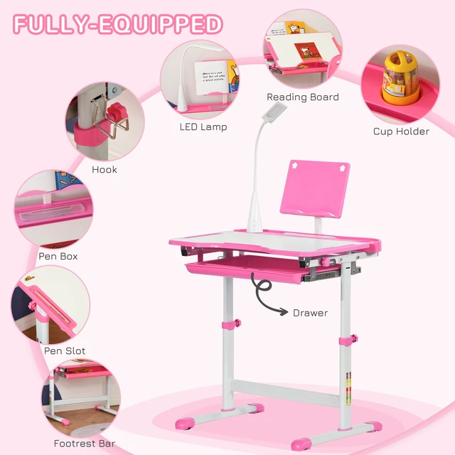 Alt view image 5 of 7 - Kids Desk and Chair Set, Height Adjustable School Desk Chair Set with Tilt Desktop USB Storage Drawer for Study