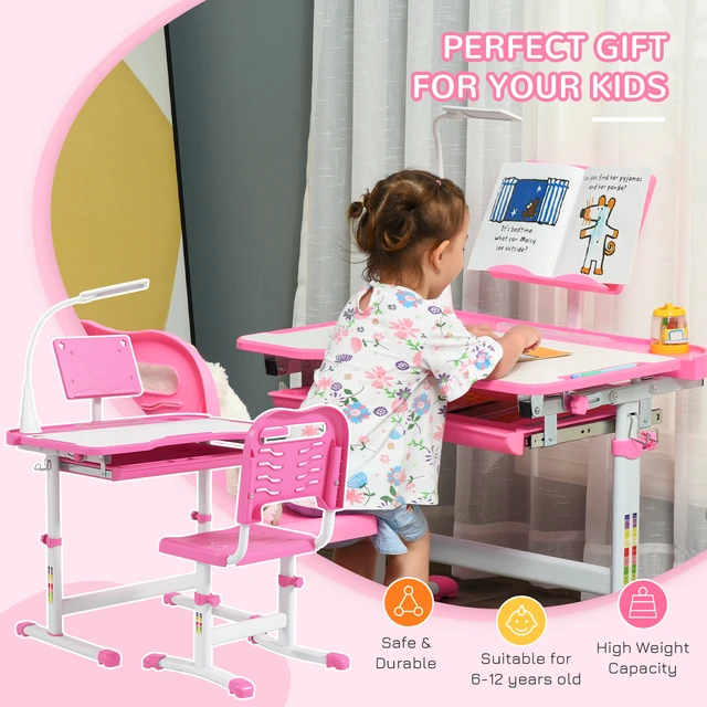 Alt view image 6 of 7 - Kids Desk and Chair Set, Height Adjustable School Desk Chair Set with Tilt Desktop USB Storage Drawer for Study
