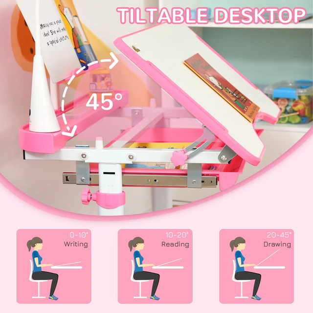 Alt view image 3 of 7 - Kids Desk and Chair Set, Height Adjustable School Desk Chair Set with Tilt Desktop USB Storage Drawer for Study