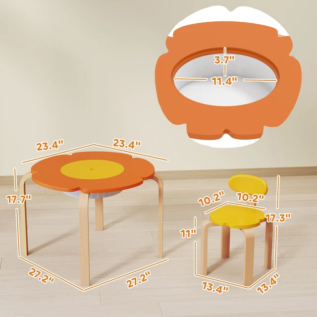 Alt view image 7 of 7 - Kids Table and Chairs Set, 5 Piece Wooden Toddler Table and Chair Set with Built in Storage Flower Shape Activity