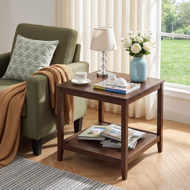 Main image of Solid Square End Table, 2 Tier Side Table with Open Storage Shelf Multipurpose Layer Coffee Small Wooden Sofa Bedside