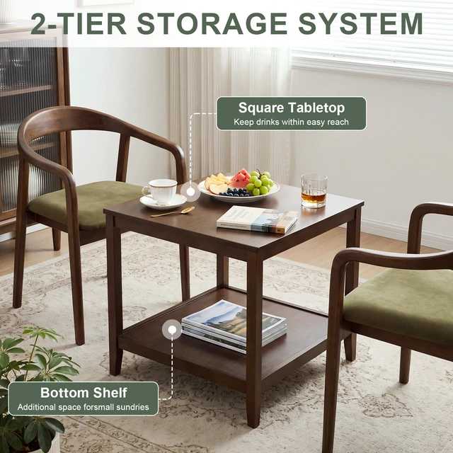Alt view image 3 of 7 - Solid Square End Table, 2 Tier Side Table with Open Storage Shelf Multipurpose Layer Coffee Small Wooden Sofa Bedside