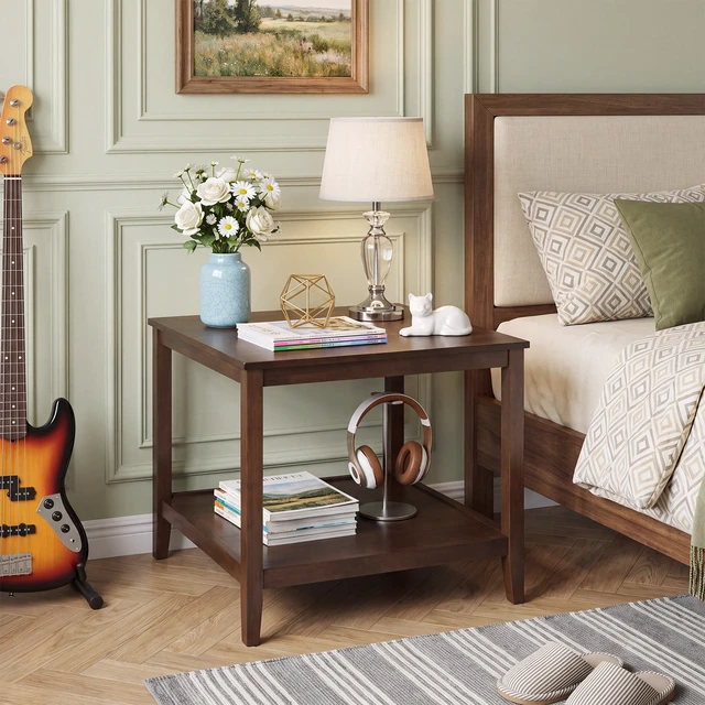 Alt view image 4 of 7 - Solid Square End Table, 2 Tier Side Table with Open Storage Shelf Multipurpose Layer Coffee Small Wooden Sofa Bedside