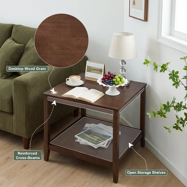 Alt view image 7 of 7 - Solid Square End Table, 2 Tier Side Table with Open Storage Shelf Multipurpose Layer Coffee Small Wooden Sofa Bedside
