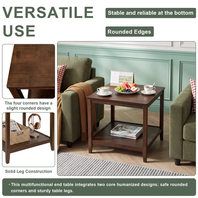 Alt view image 6 of 7 - Solid Square End Table, 2 Tier Side Table with Open Storage Shelf Multipurpose Layer Coffee Small Wooden Sofa Bedside