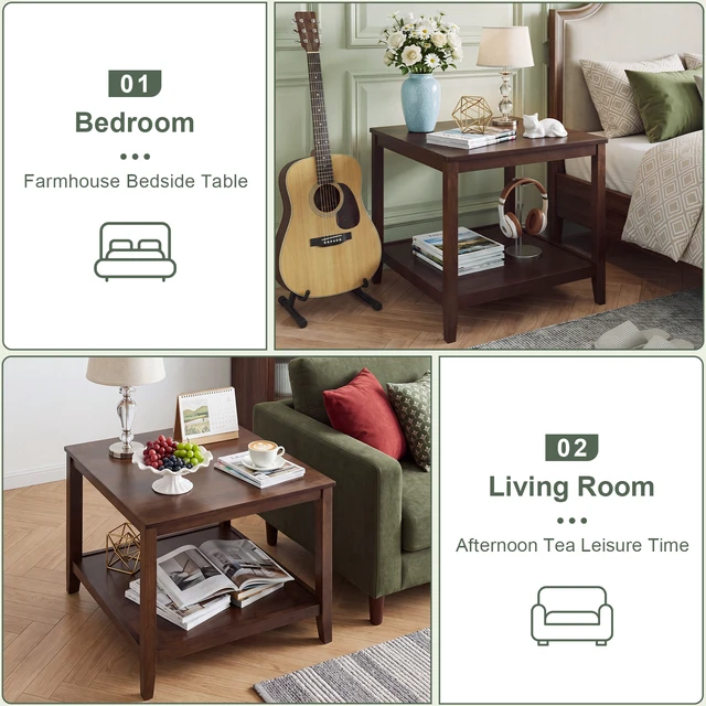 Alt view image 5 of 7 - Solid Square End Table, 2 Tier Side Table with Open Storage Shelf Multipurpose Layer Coffee Small Wooden Sofa Bedside