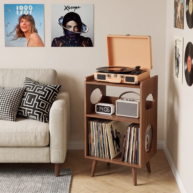 Alt view image 2 of 7 - Record Player Stand, Turntable Stand with Vinyl Record Storage Charging Station and USB Ports Album Cover Display