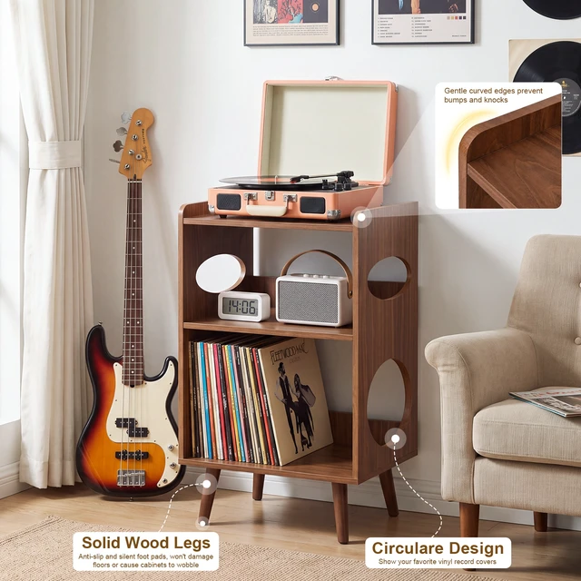 Alt view image 4 of 7 - Record Player Stand, Turntable Stand with Vinyl Record Storage Charging Station and USB Ports Album Cover Display