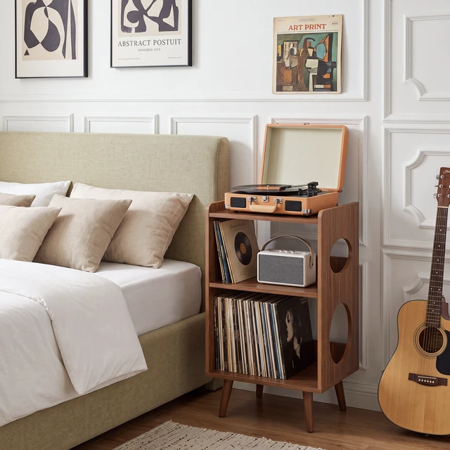 Alt view image 3 of 7 - Record Player Stand, Turntable Stand with Vinyl Record Storage Charging Station and USB Ports Album Cover Display