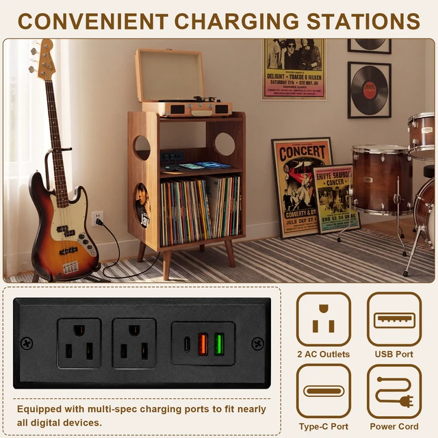 Alt view image 6 of 7 - Record Player Stand, Turntable Stand with Vinyl Record Storage Charging Station and USB Ports Album Cover Display