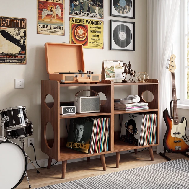 Alt view image 5 of 7 - Record Player Stand, Turntable Stand with Vinyl Record Storage Charging Station and USB Ports Album Cover Display
