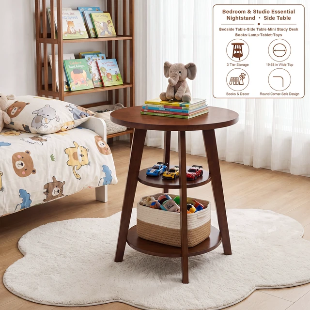 Alt view image 3 of 7 - Solid 3 Tier Round End Table, 23.6 Inch Tall Side Table with Storage Shelves Nightstand Purpose Plant Stand for Living