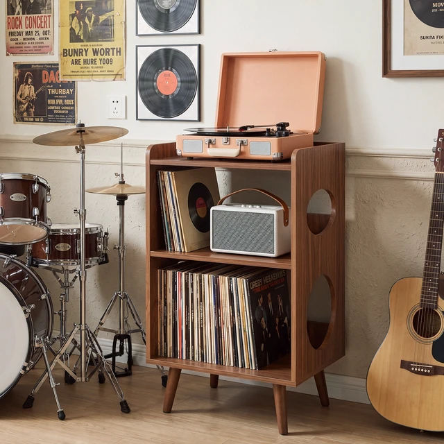 Alt view image 7 of 7 - Record Player Stand, Turntable Stand with Vinyl Record Storage Charging Station and USB Ports Album Cover Display