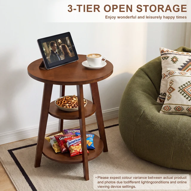 Alt view image 2 of 7 - Solid 3 Tier Round End Table, 23.6 Inch Tall Side Table with Storage Shelves Nightstand Purpose Plant Stand for Living