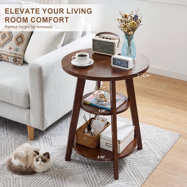Alt view image 7 of 7 - Solid 3 Tier Round End Table, 23.6 Inch Tall Side Table with Storage Shelves Nightstand Purpose Plant Stand for Living