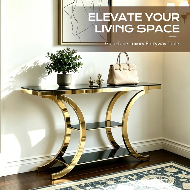 Alt view image 3 of 7 - 63.00 Inch Mirrored Console Table, Entryway Table Three Tier Storage Space Suitable for Living and Entryways, Gold