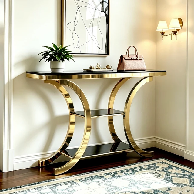 Main image of 63.00 Inch Mirrored Console Table, Entryway Table Three Tier Storage Space Suitable for Living and Entryways, Gold