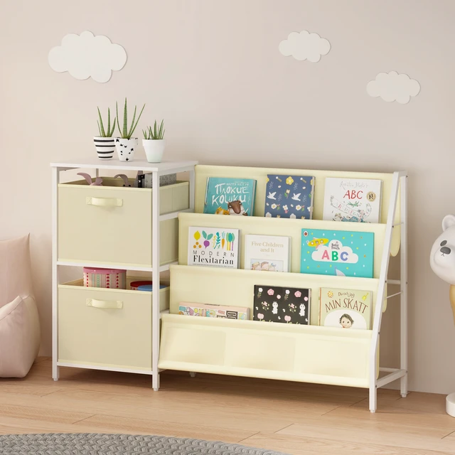 Alt view image 4 of 7 - Kids Bookshelf with 3 Tier Front Facing Book Display, Storage Bins and Bottom Cabinet Children Bookcase Organizer