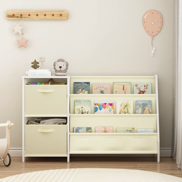 Alt view image 2 of 7 - Kids Bookshelf with 3 Tier Front Facing Book Display, Storage Bins and Bottom Cabinet Children Bookcase Organizer