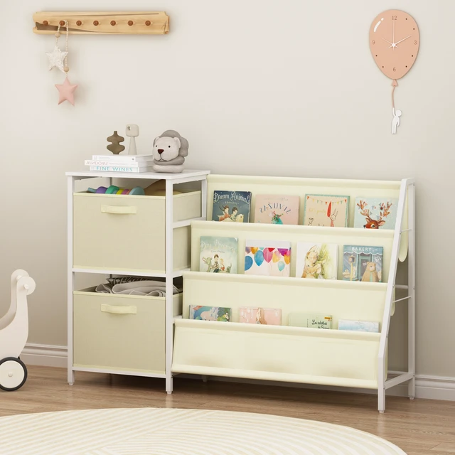 Alt view image 3 of 7 - Kids Bookshelf with 3 Tier Front Facing Book Display, Storage Bins and Bottom Cabinet Children Bookcase Organizer