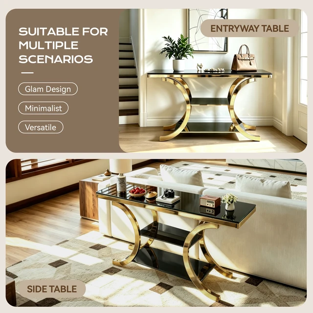 Alt view image 7 of 7 - 63.00 Inch Mirrored Console Table, Entryway Table Three Tier Storage Space Suitable for Living and Entryways, Gold