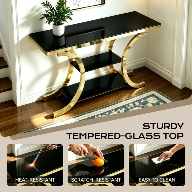 Alt view image 4 of 7 - 63.00 Inch Mirrored Console Table, Entryway Table Three Tier Storage Space Suitable for Living and Entryways, Gold