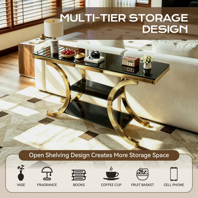 Alt view image 6 of 7 - 63.00 Inch Mirrored Console Table, Entryway Table Three Tier Storage Space Suitable for Living and Entryways, Gold