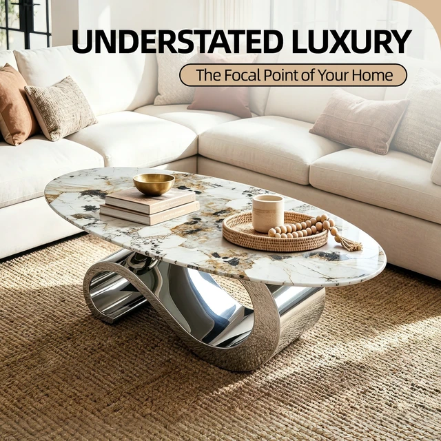 Alt view image 3 of 7 - 51.20 Inch Oval Faux Marble Coffee Table for Living, Design Pattern Stainless Steel Base, Silver White, Tempered Glass