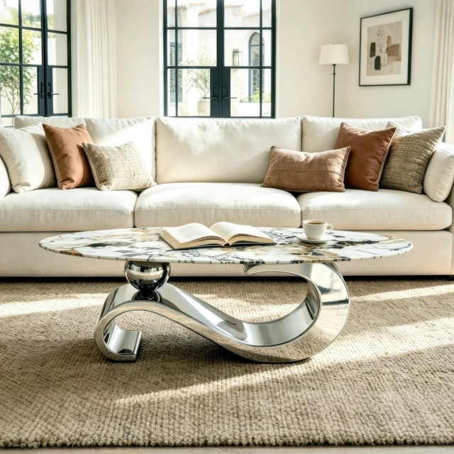 Main image of 51.20 Inch Oval Faux Marble Coffee Table for Living, Design Pattern Stainless Steel Base, Silver White, Tempered Glass