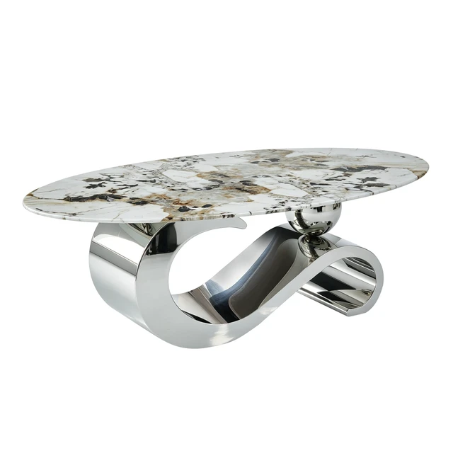 Alt view image 2 of 7 - 51.20 Inch Oval Faux Marble Coffee Table for Living, Design Pattern Stainless Steel Base, Silver White, Tempered Glass
