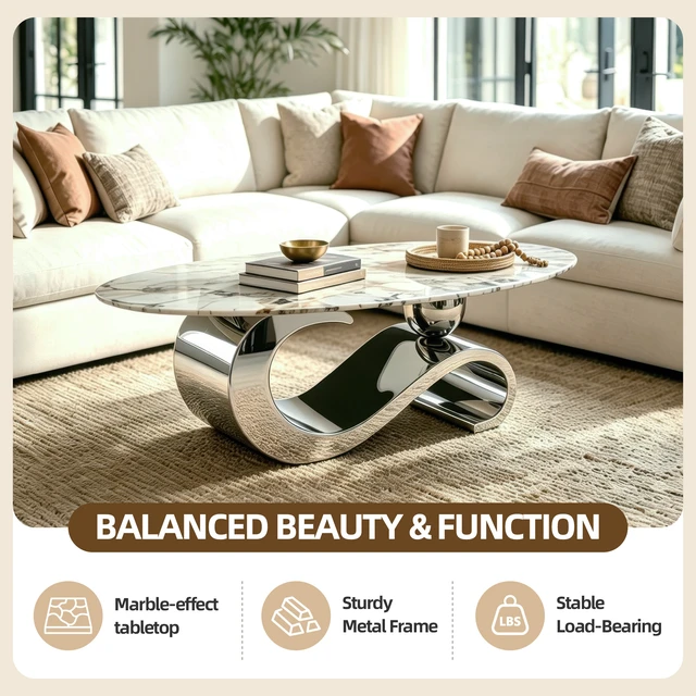 Alt view image 4 of 7 - 51.20 Inch Oval Faux Marble Coffee Table for Living, Design Pattern Stainless Steel Base, Silver White, Tempered Glass