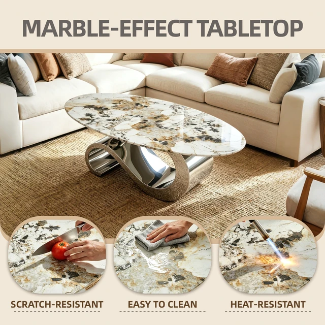 Alt view image 5 of 7 - 51.20 Inch Oval Faux Marble Coffee Table for Living, Design Pattern Stainless Steel Base, Silver White, Tempered Glass