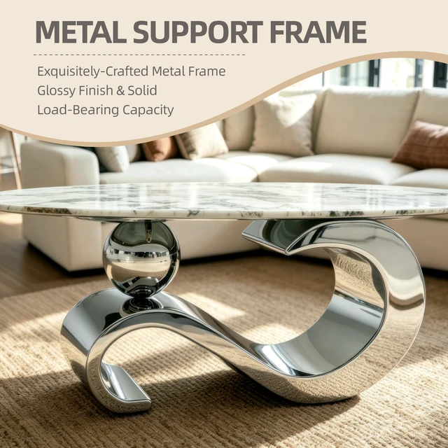 Alt view image 6 of 7 - 51.20 Inch Oval Faux Marble Coffee Table for Living, Design Pattern Stainless Steel Base, Silver White, Tempered Glass