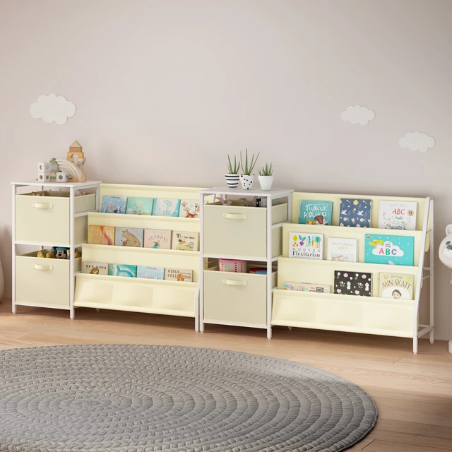 Alt view image 5 of 7 - Kids Bookshelf with 3 Tier Front Facing Book Display, Storage Bins and Bottom Cabinet Children Bookcase Organizer