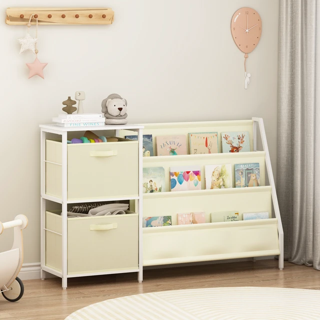 Alt view image 7 of 7 - Kids Bookshelf with 3 Tier Front Facing Book Display, Storage Bins and Bottom Cabinet Children Bookcase Organizer