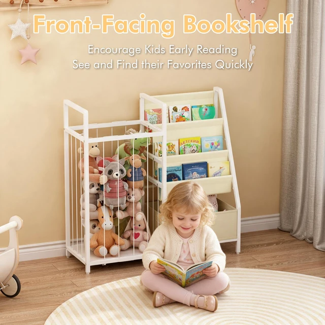 Alt view image 3 of 7 - Kids Bookshelf and Toy Storage Organizer, Dual Sided Children Bookshelf with Figure Display Storage and Book Sling