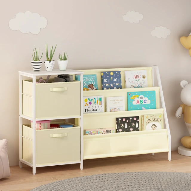 Alt view image 6 of 7 - Kids Bookshelf with 3 Tier Front Facing Book Display, Storage Bins and Bottom Cabinet Children Bookcase Organizer