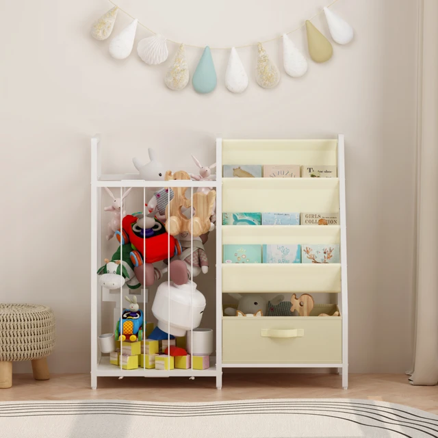 Alt view image 2 of 7 - Kids Bookshelf and Toy Storage Organizer, Dual Sided Children Bookshelf with Figure Display Storage and Book Sling