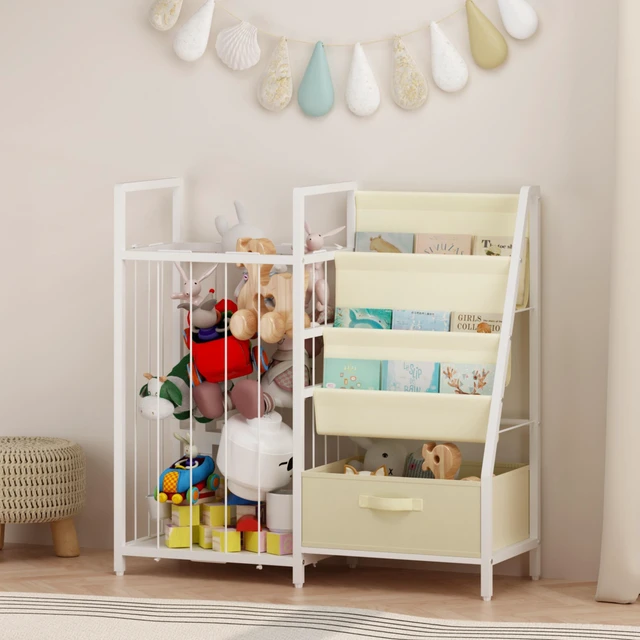Main image of Kids Bookshelf and Toy Storage Organizer, Dual Sided Children Bookshelf with Figure Display Storage and Book Sling