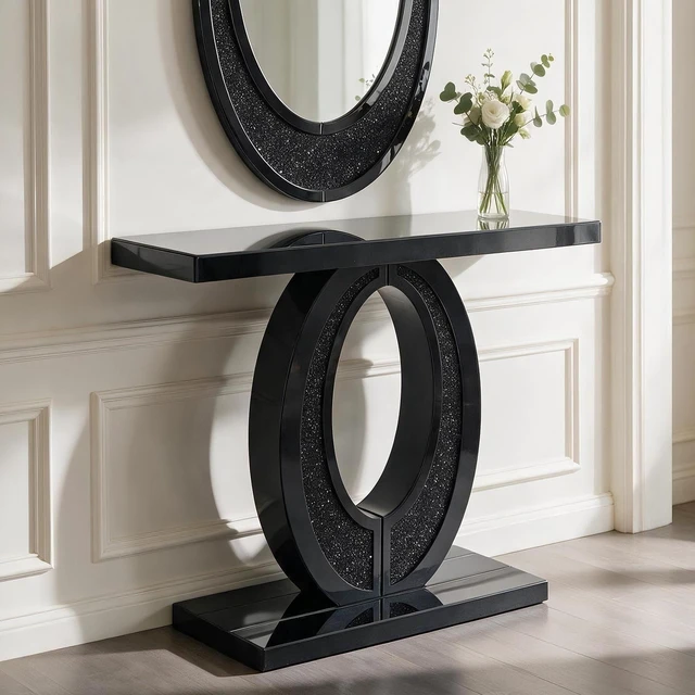 Alt view image 3 of 7 - Handcrafted Crushed Diamond Mirrored Console Table, High Scenario Entryway Table, Black, MDF and Glass