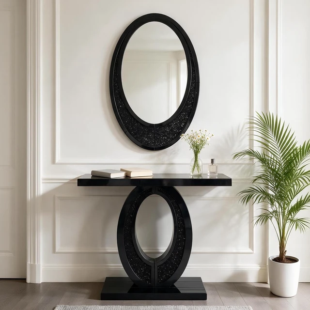 Alt view image 7 of 7 - Handcrafted Crushed Diamond Mirrored Console Table, High Scenario Entryway Table, Black, MDF and Glass