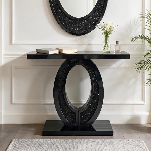 Alt view image 2 of 7 - Handcrafted Crushed Diamond Mirrored Console Table, High Scenario Entryway Table, Black, MDF and Glass