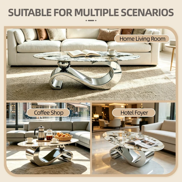 Alt view image 7 of 7 - 51.20 Inch Oval Faux Marble Coffee Table for Living, Design Pattern Stainless Steel Base, Silver White, Tempered Glass