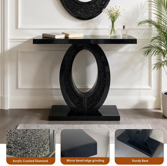 Alt view image 4 of 7 - Handcrafted Crushed Diamond Mirrored Console Table, High Scenario Entryway Table, Black, MDF and Glass