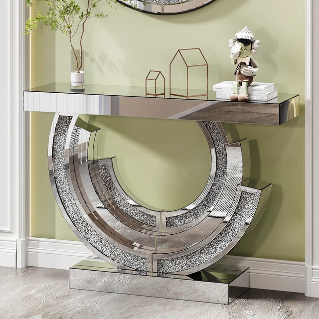 Alt view image 2 of 7 - Shaped Crushed Diamond Table for Hotel Mirrored Centre Diamond Console Table for Living, Silver, MDF and Glass