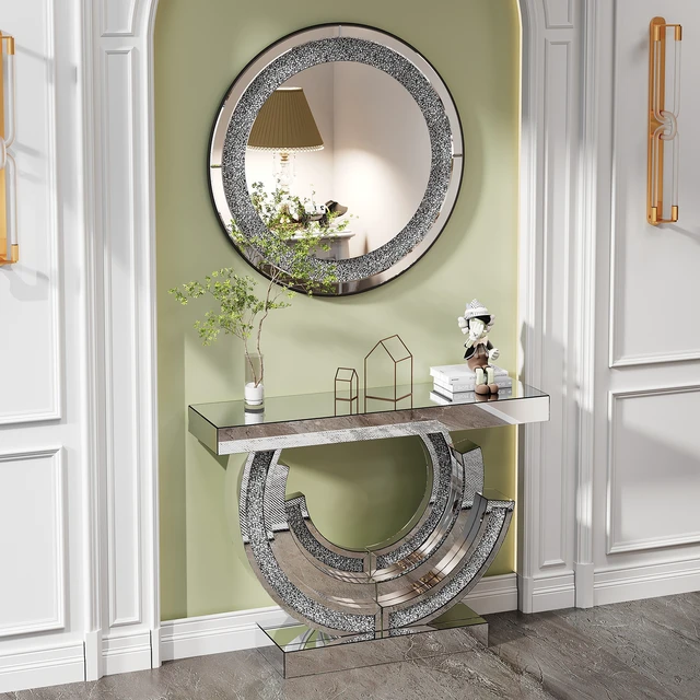 Alt view image 5 of 7 - Shaped Crushed Diamond Table for Hotel Mirrored Centre Diamond Console Table for Living, Silver, MDF and Glass