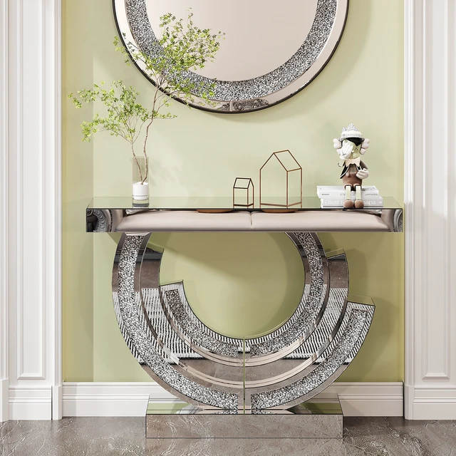Alt view image 4 of 7 - Shaped Crushed Diamond Table for Hotel Mirrored Centre Diamond Console Table for Living, Silver, MDF and Glass