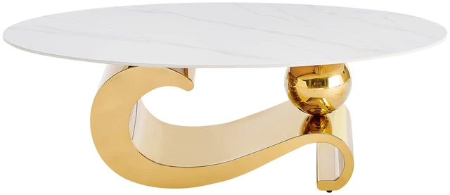 Main image of Gold Metal Coffee Table with Stainless Steel Pedestal and Faux Marble Top Gold Base